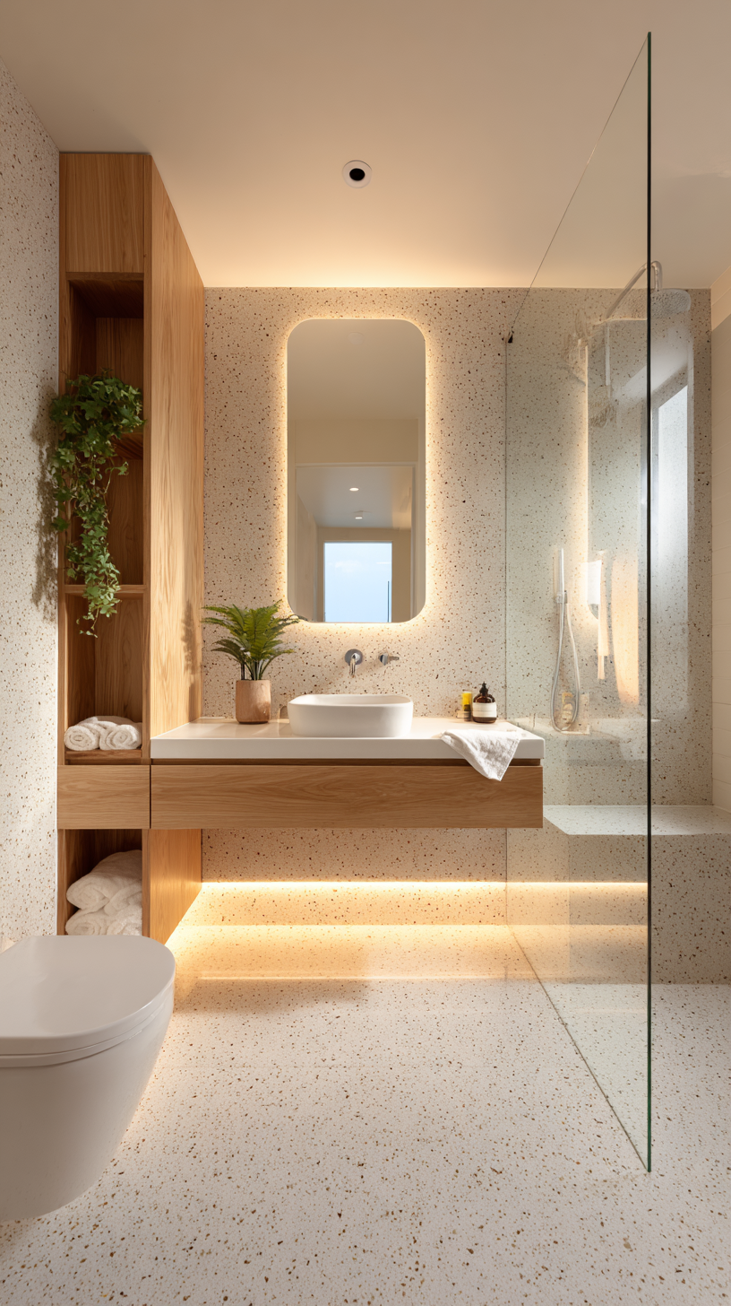  Scandinavian bathroom with white terrazzo floor, floating oak vanity, and backlit mirror in soft ambient light