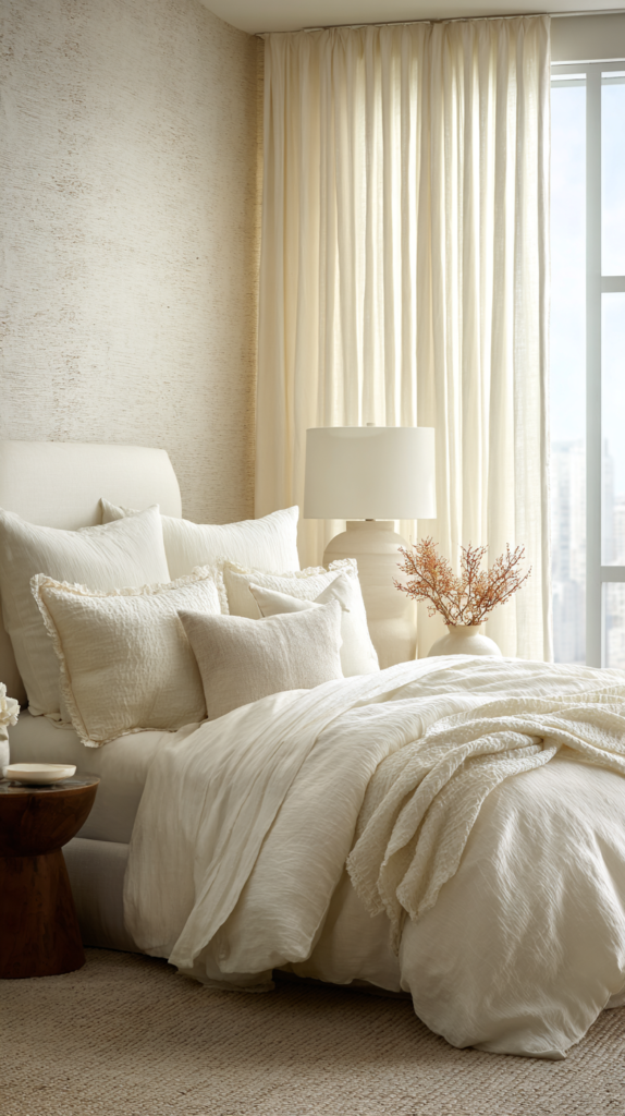 Serene all-ivory bedroom with cream linen duvet cover
