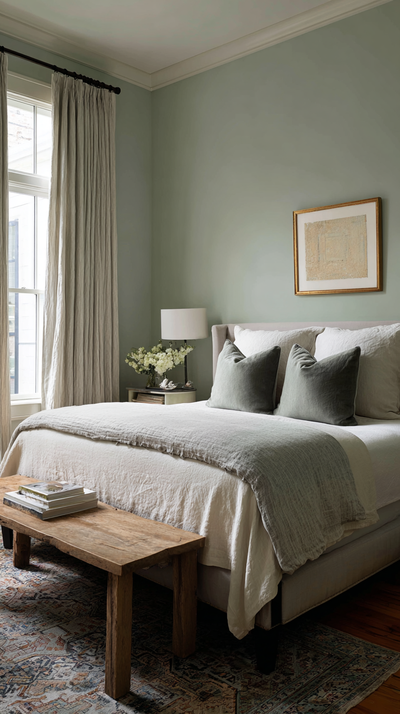 Serene bedroom with muted sage green walls, white textured bedding, and simple wood furniture
