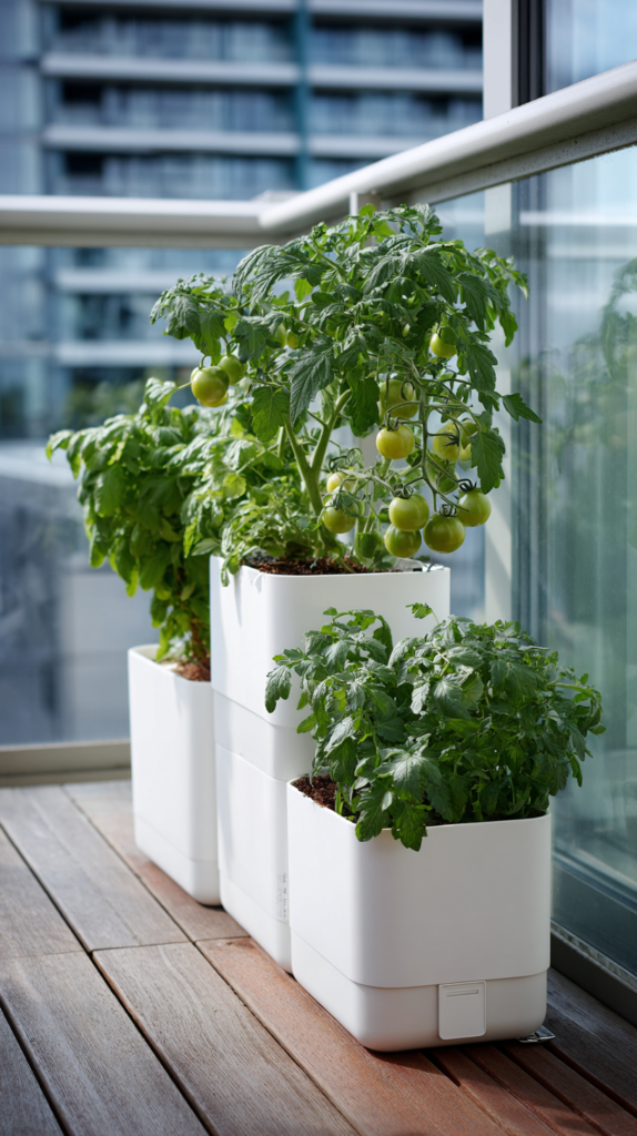 Self-watering planters on a small balcony with thriving tomato plants and herbs, budget balcony garden idea, editorial home decor photography
