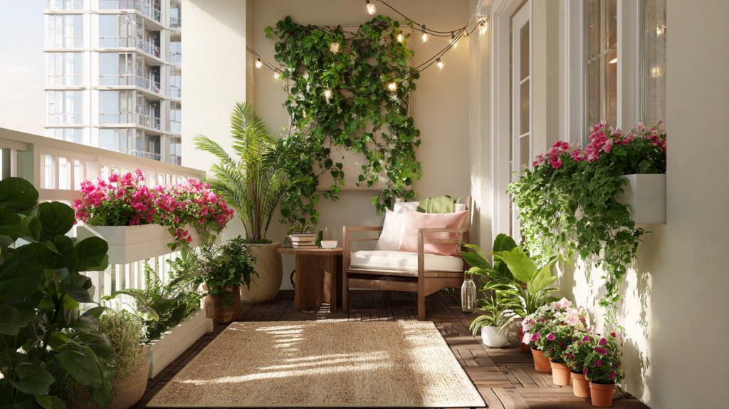 Small apartment balcony garden with vertical wall planter, railing boxes, trailing plants, string lights, and neutral outdoor rug, editorial home decor photography