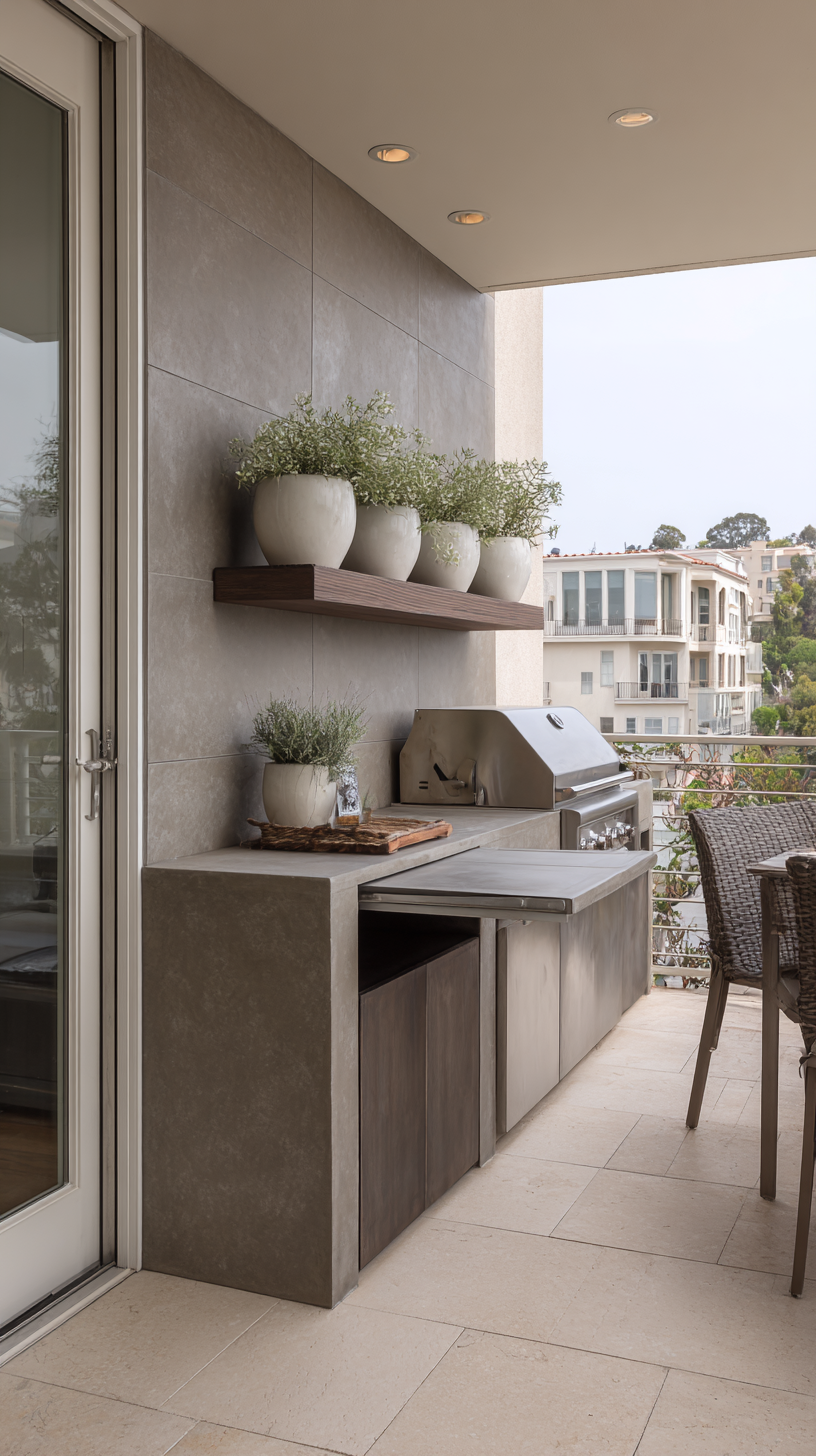Small balcony outdoor kitchen with fold-down prep surfaces, wall-mounted grill