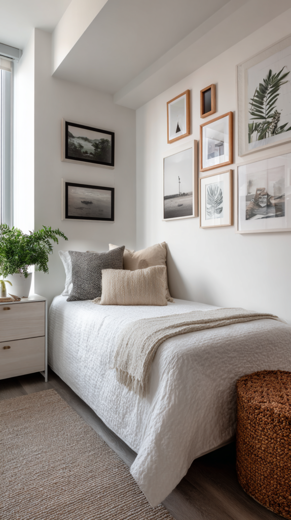 Small bedroom with a twin bed tucked into the corner