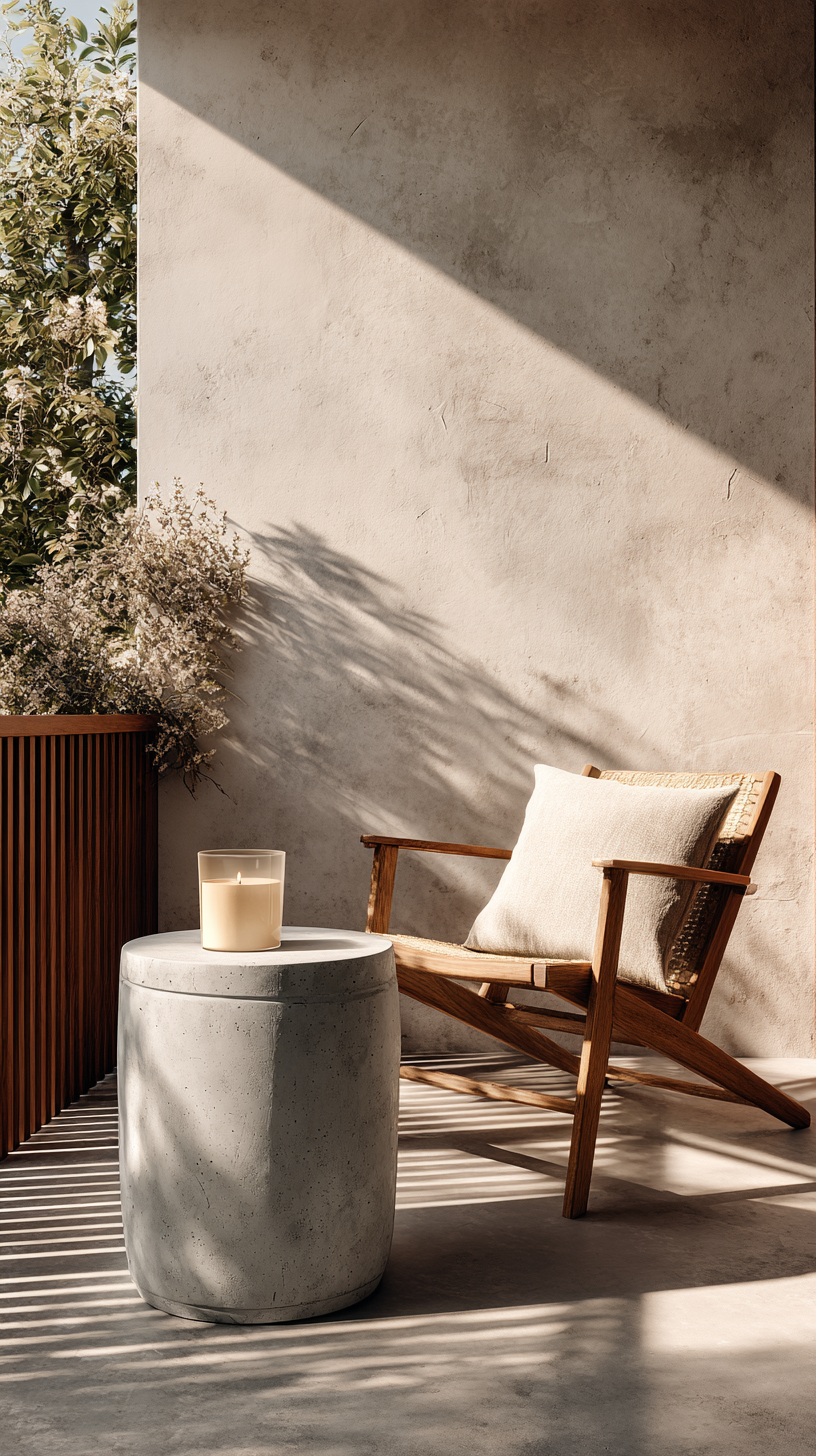 Minimalist balcony with a low concrete side table beside a lounge chair with a single candle on top in clean morning light