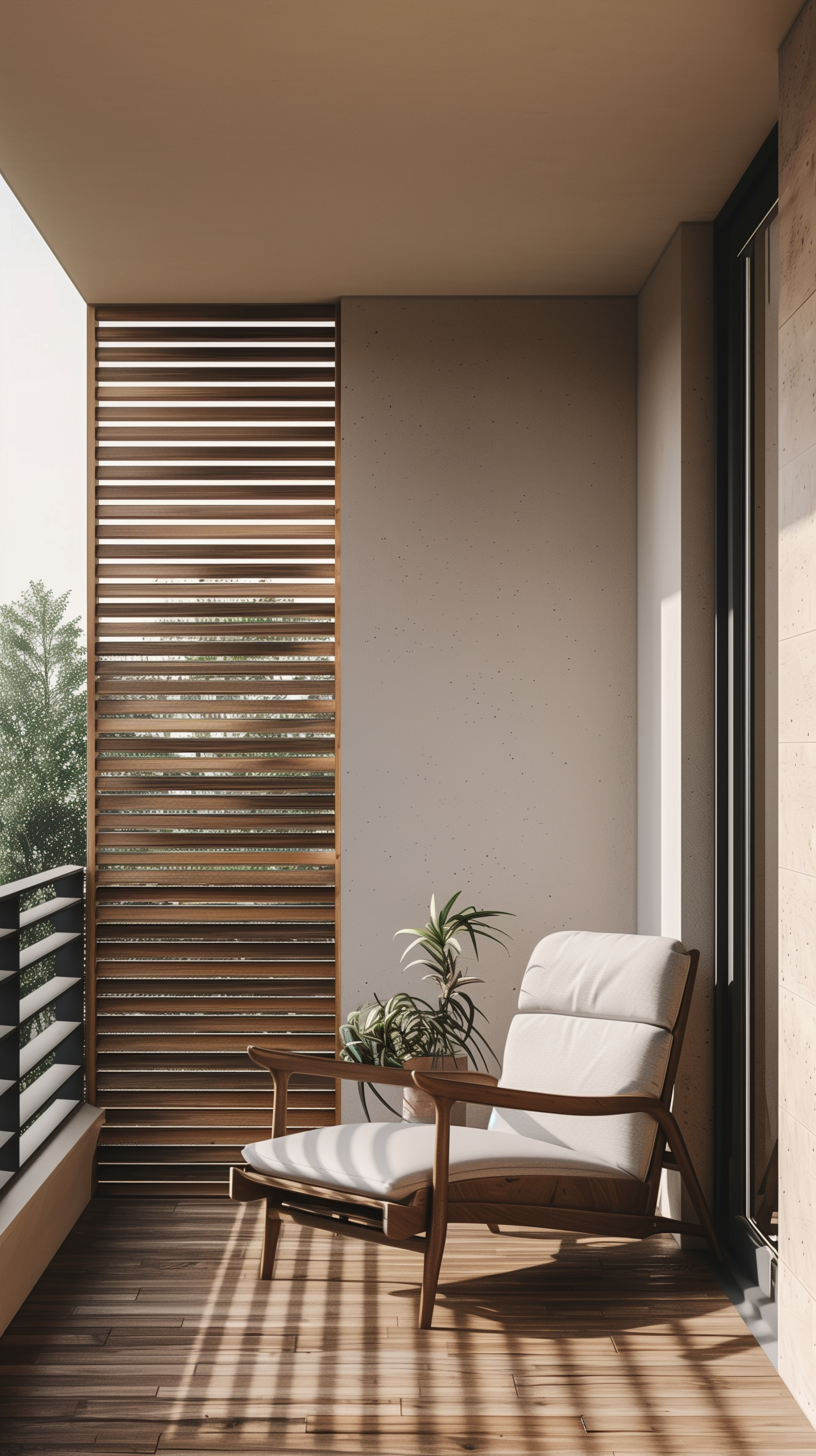 Small minimalist balcony with a bamboo privacy screen on one side and a lounge chair facing the open view in a calm contained space