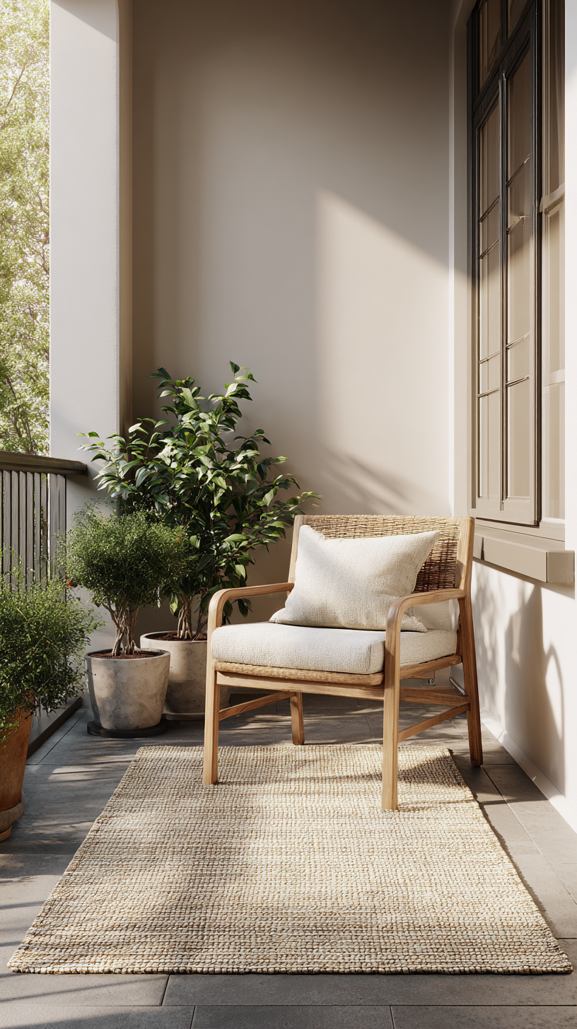 Small minimalist balcony with a natural cream outdoor rug on the floor, a single chair, and one plant in clean natural light