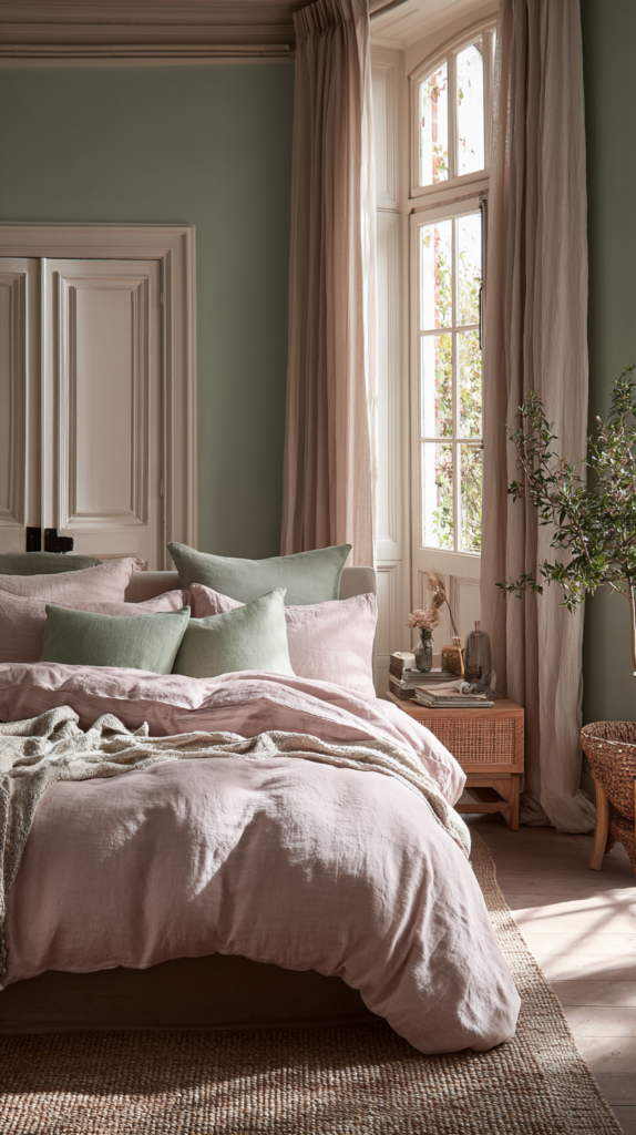 Soft and open bedroom styled in muted dusty pink and sage green tones, low-saturation pastel walls blending with linen bedding in dusty blush, rattan bedside table, white woodwork trim, sheer pastel curtains letting in warm morning light, the room glowing softly and feeling more open than its size, editorial interior photography, highly detailed, photorealistic, magazine-quality styling