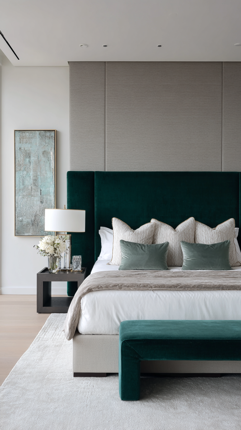 Modern bedroom with oversized emerald green velvet headboard as the bold focal point against neutral walls