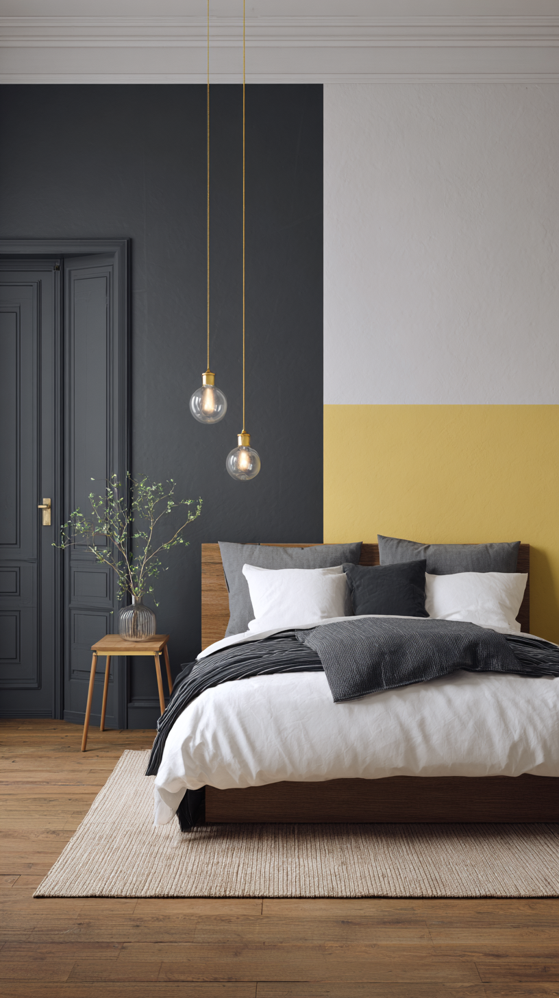 Modern bedroom with color blocked walls featuring two bold contrasting colors divided by a clean horizontal line -Colorful Bedroom Ideas