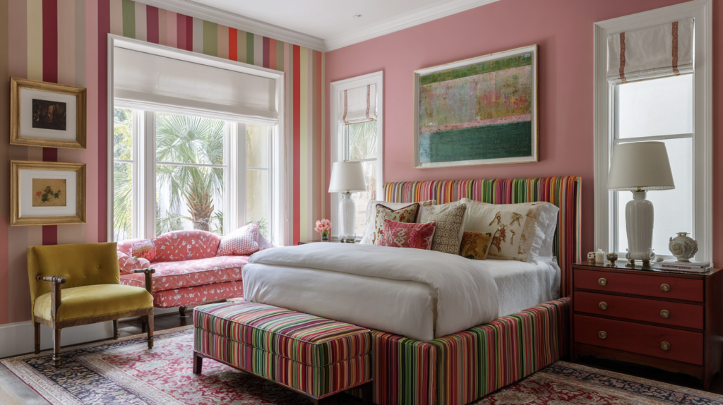 Vibrant and whimsical modern bedroom with bold colorful walls