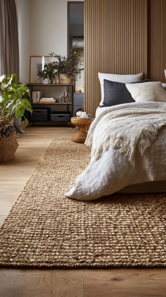 Well-proportioned bedroom with a large natural jute rug extending well beyond the sides and foot of a platform bed