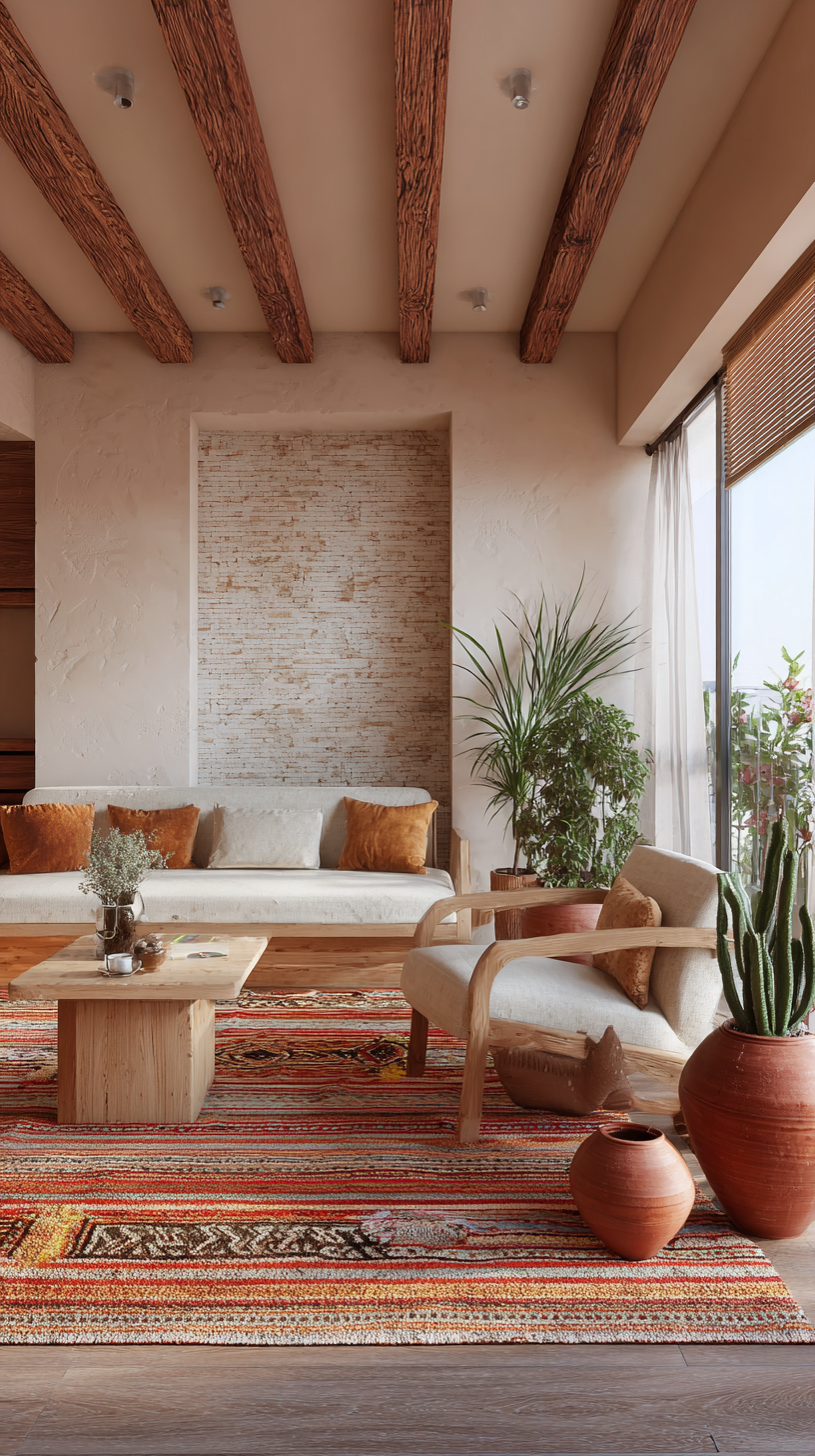 Desert modern beige living room with terracotta pots, kilim rug, and large potted cactus