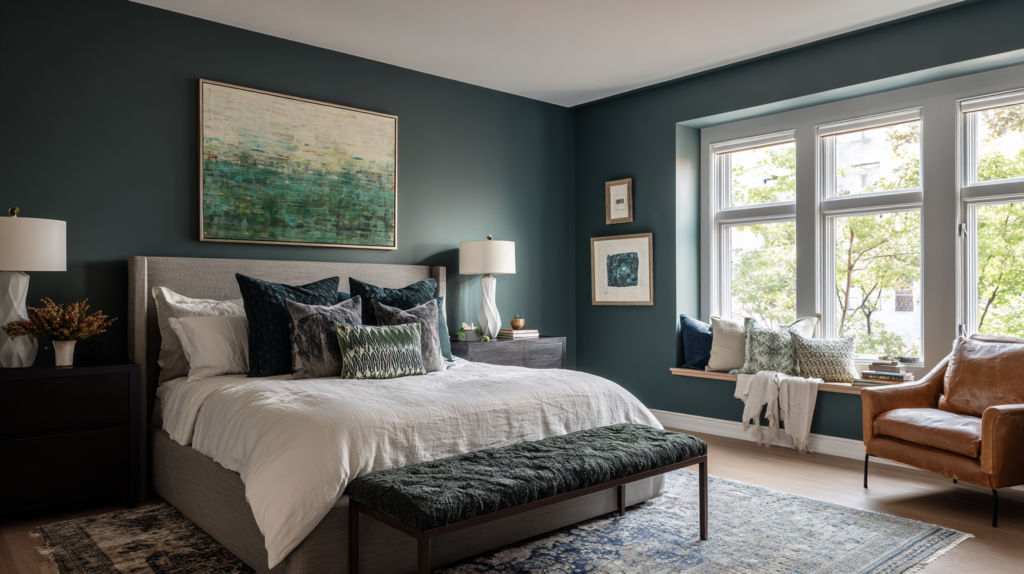 beautifully painted bedroom with rich moody blue-green walls
