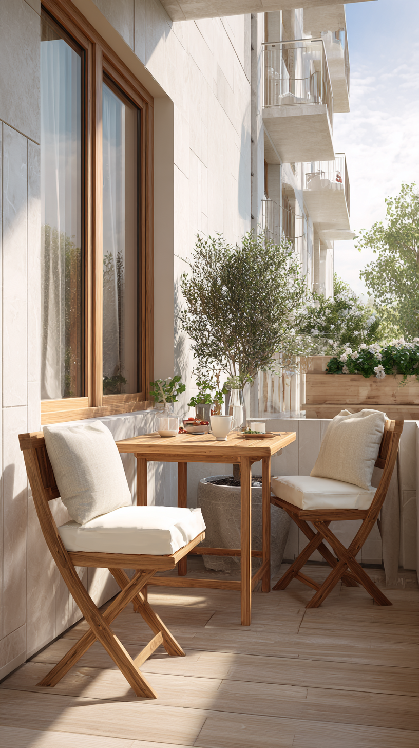 Minimalist balcony in a two-tone palette of warm cream and natural wood with matching furniture and plant pots in cohesive calm daylight