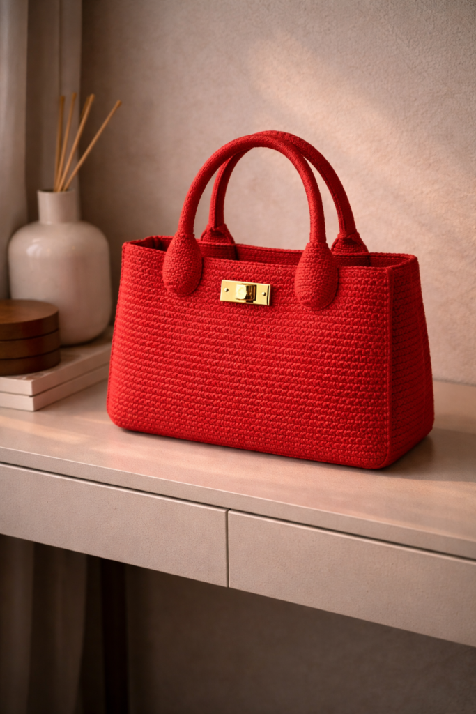 Red crochet handbag on beige table