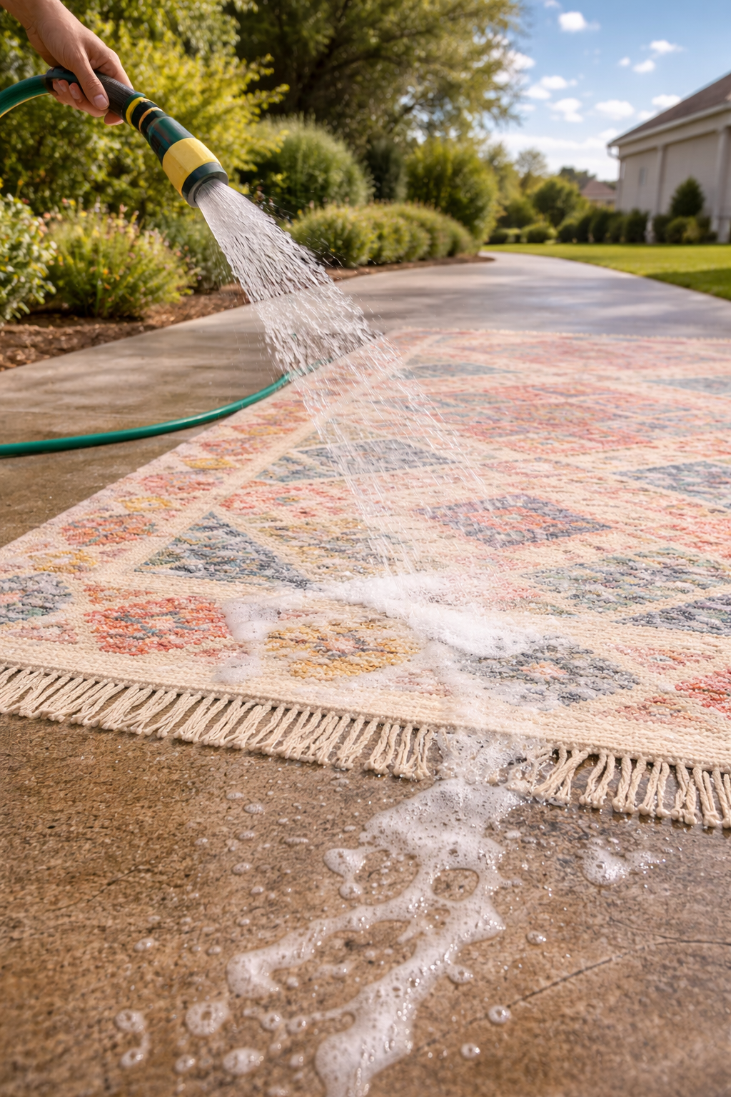 Garden hose rinsing soapy residue from a colorful area rug laid flat outdoors