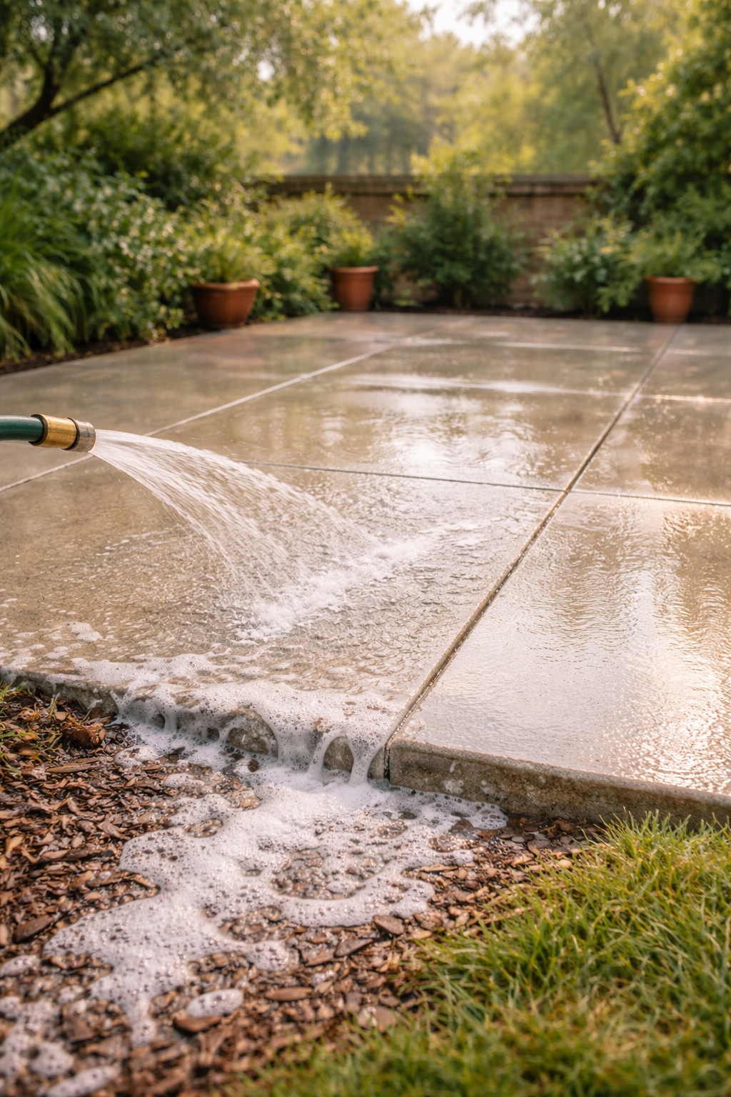 Rinsing the patio on a sunny day