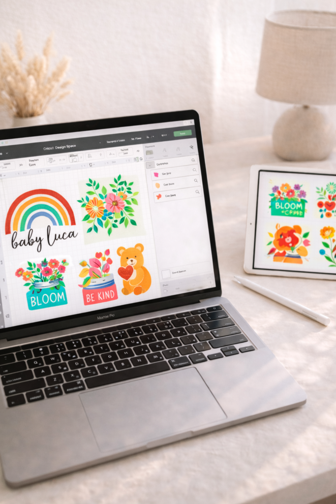 laptop screen displaying Cricut SVG designs with layered cut files visible