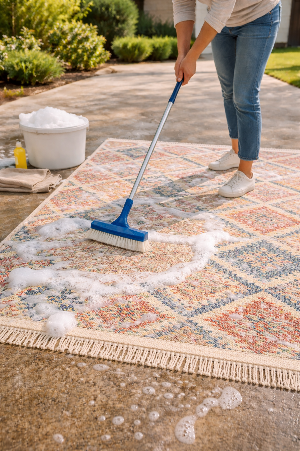 Washing colorful rug outside.