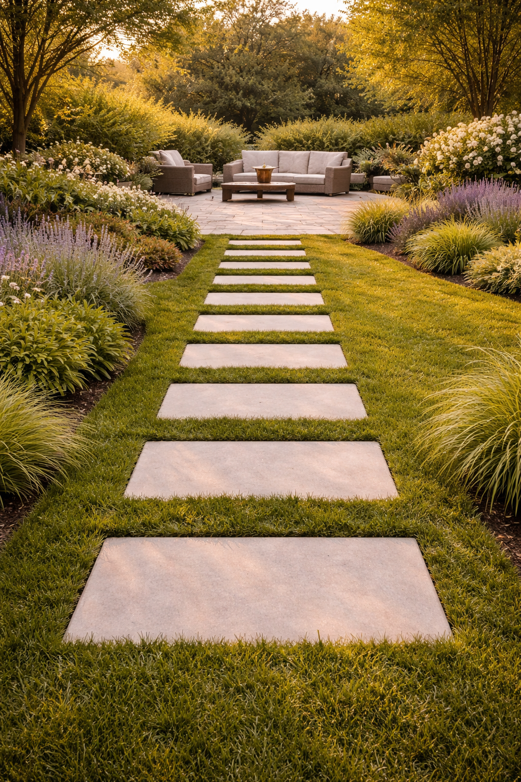 Serene garden pathway at sunset