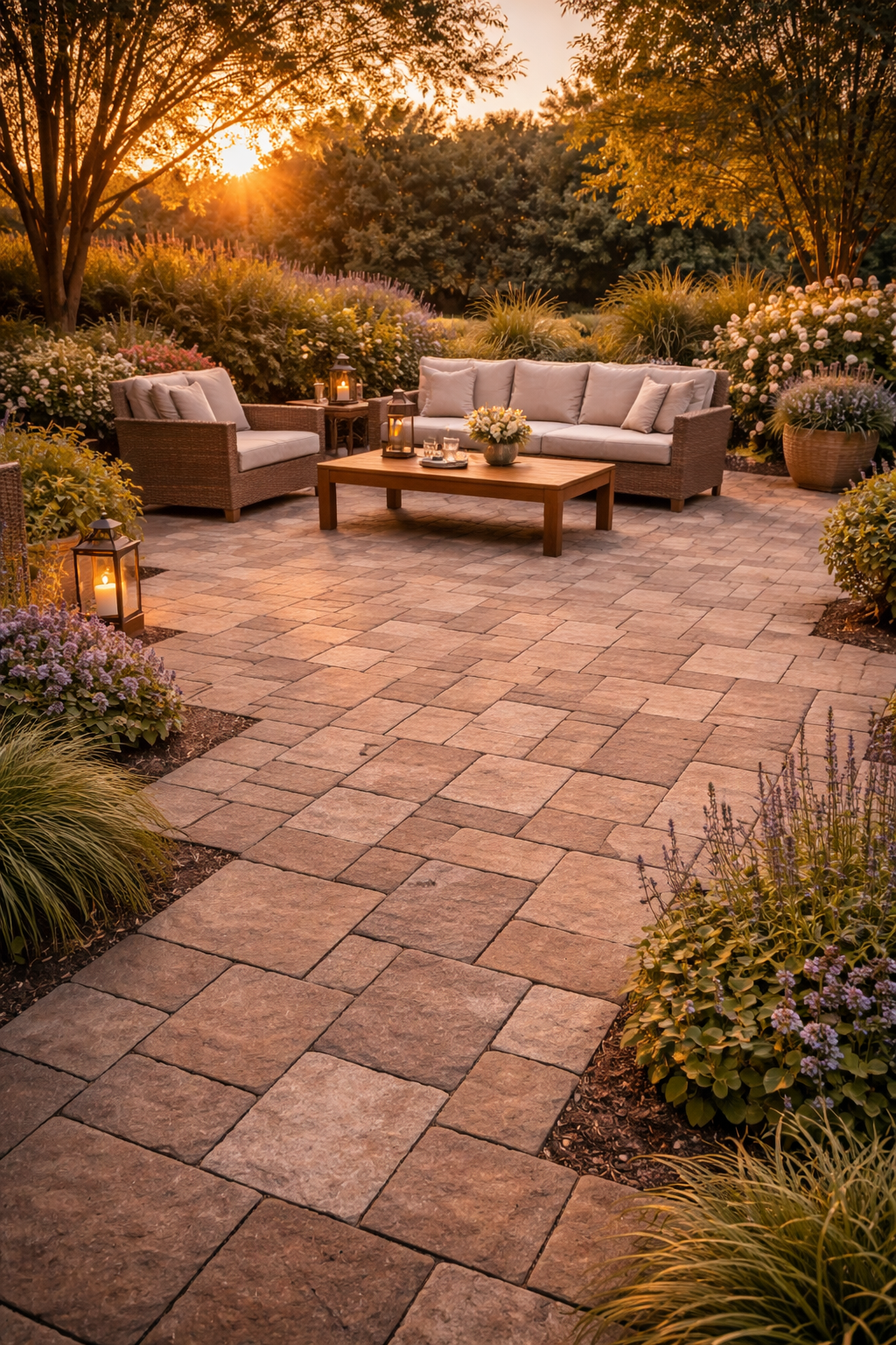 Serene sunset on a garden patio
