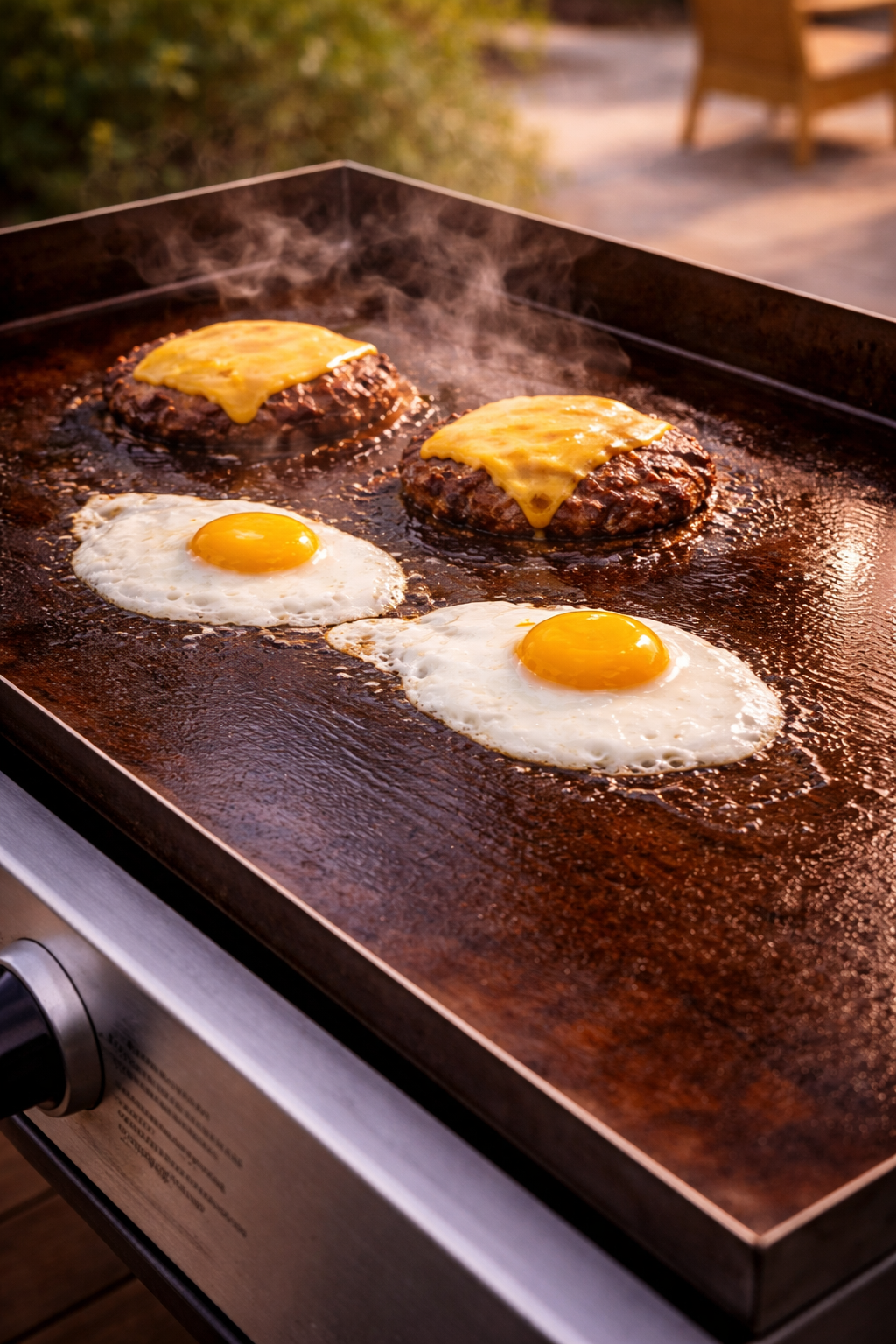 Smash burgers and eggs cooking perfectly on a well-seasoned dark Blackstone griddle
