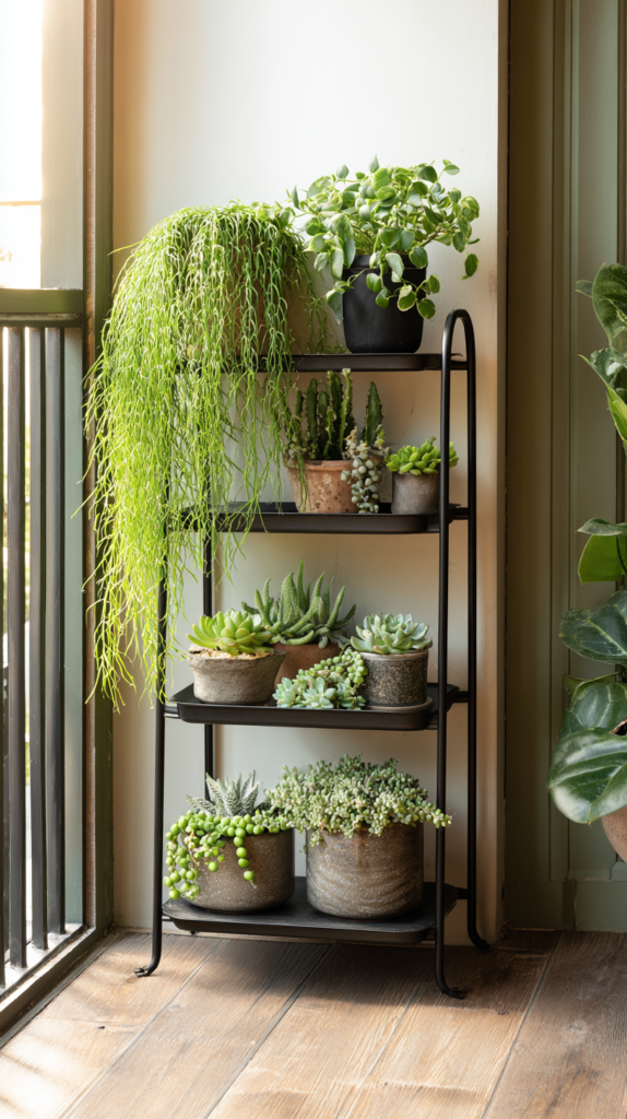 Three-tier metal plant stand on a small balcony layered with trailing pothos, green plants, and succulents at different heights