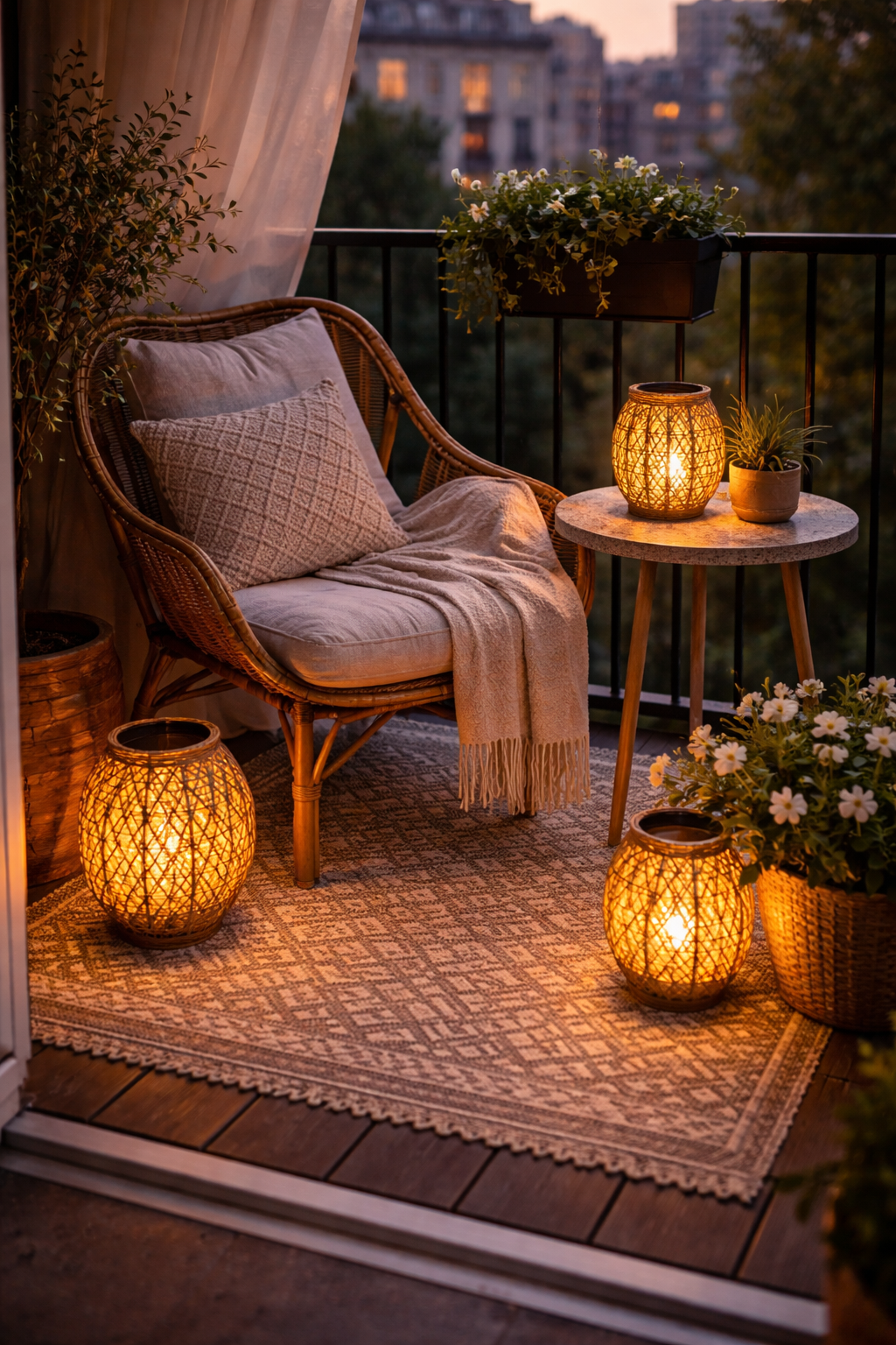Small balcony at dusk with solar lanterns glowing at different heights on the table and floor by planters in warm amber light
