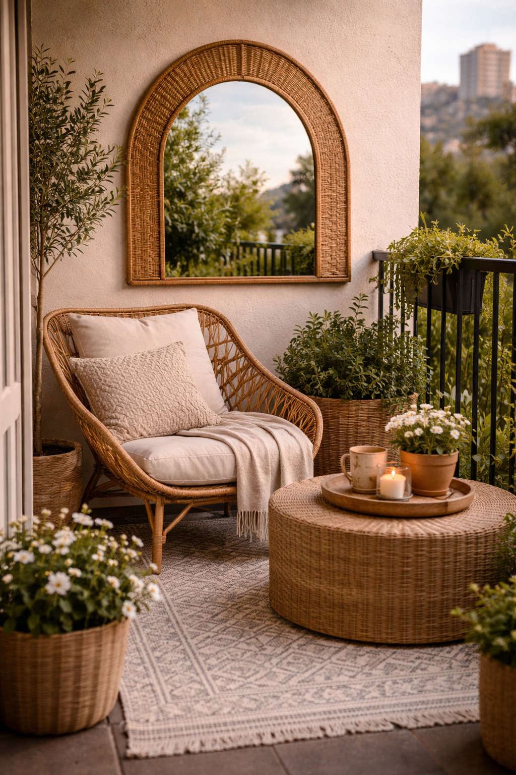 Small balcony with a decorative outdoor mirror on the wall reflecting plants and sky, styled outdoor seating in front