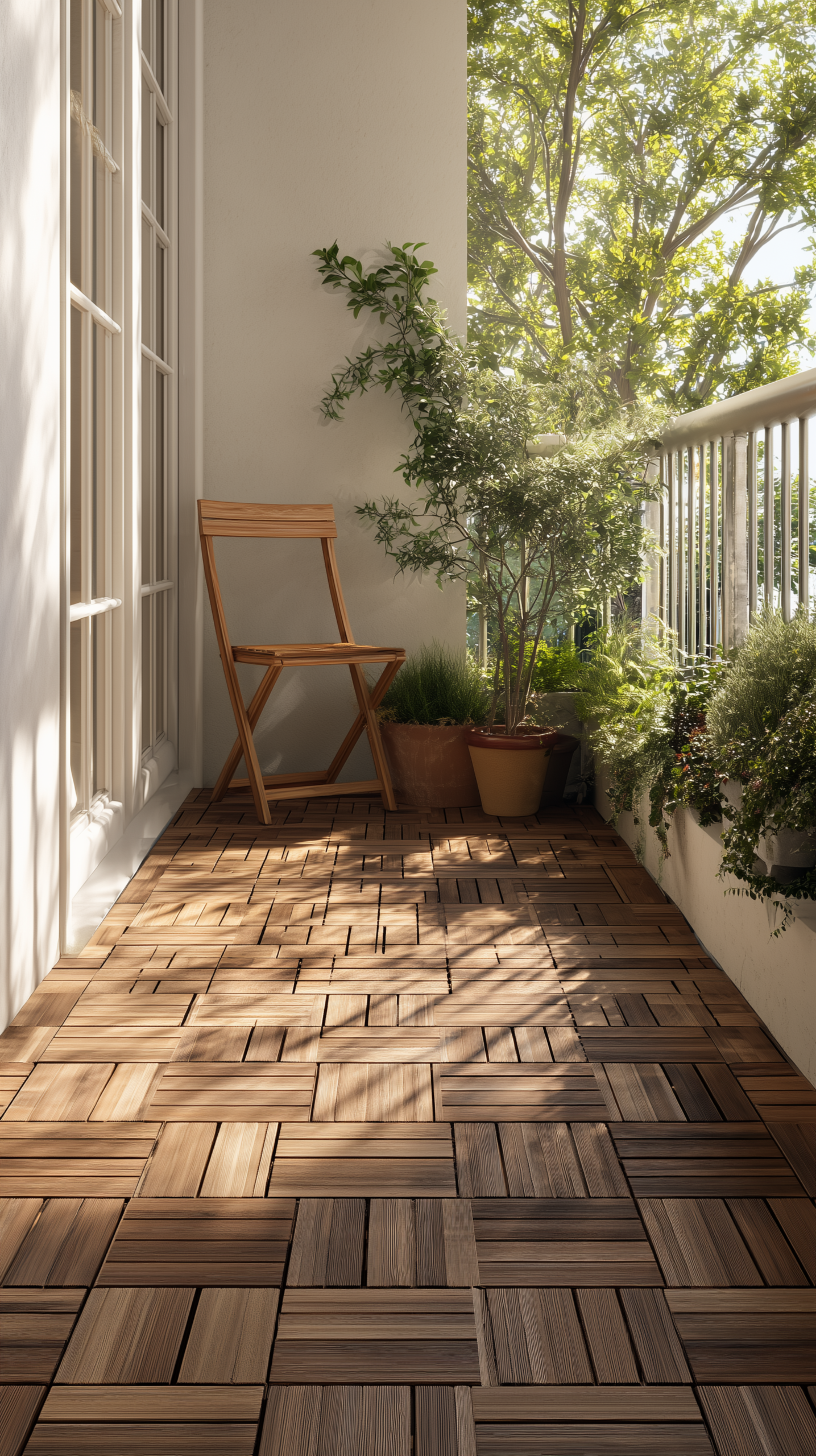 Small minimalist balcony with natural wood interlocking deck tiles covering the floor, a single chair, and one plant with clean warm tones