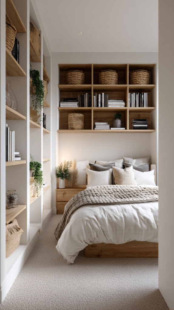 Small bedroom with tall built-in open shelving reaching toward the ceiling above a low dresser, woven baskets on the upper shelves, books and plants styled on the lower shelves, clear uncluttered floor below, eye drawn upward making the ceiling feel high, smart vertical bedroom storage layout, editorial interior photography, highly detailed, photorealistic, magazine-quality styling