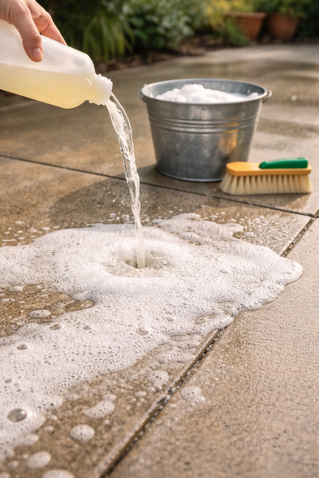 Soapy solution pouring on concrete patio