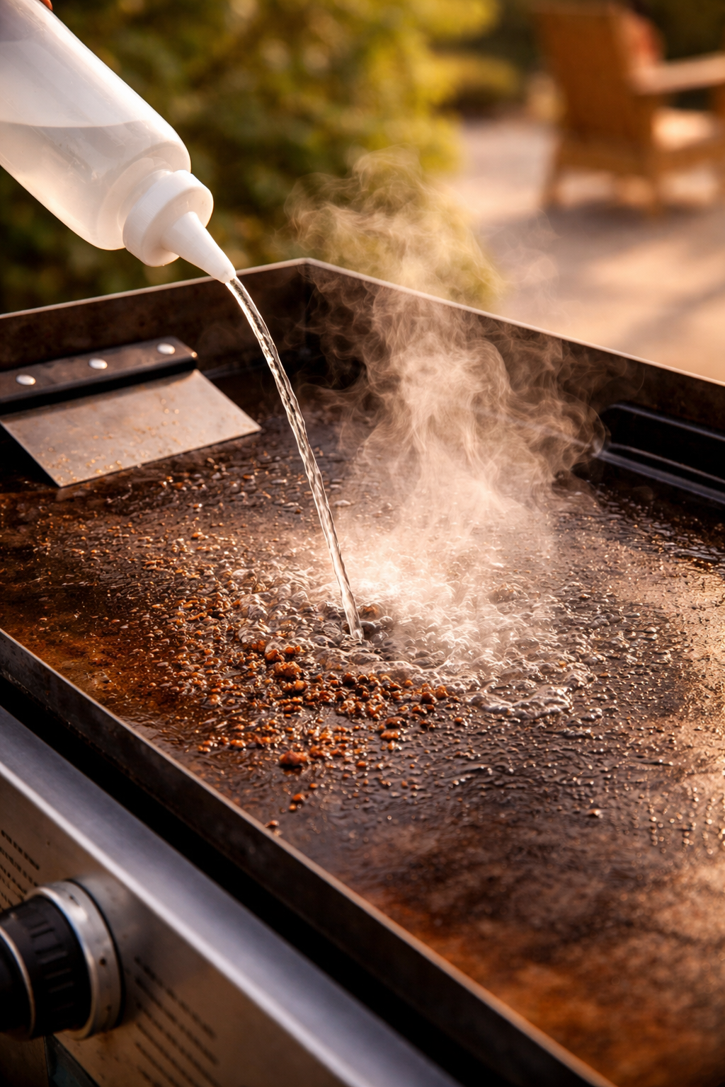 Squeeze bottle pouring water on hot flat top griddle creating steam during cleaning