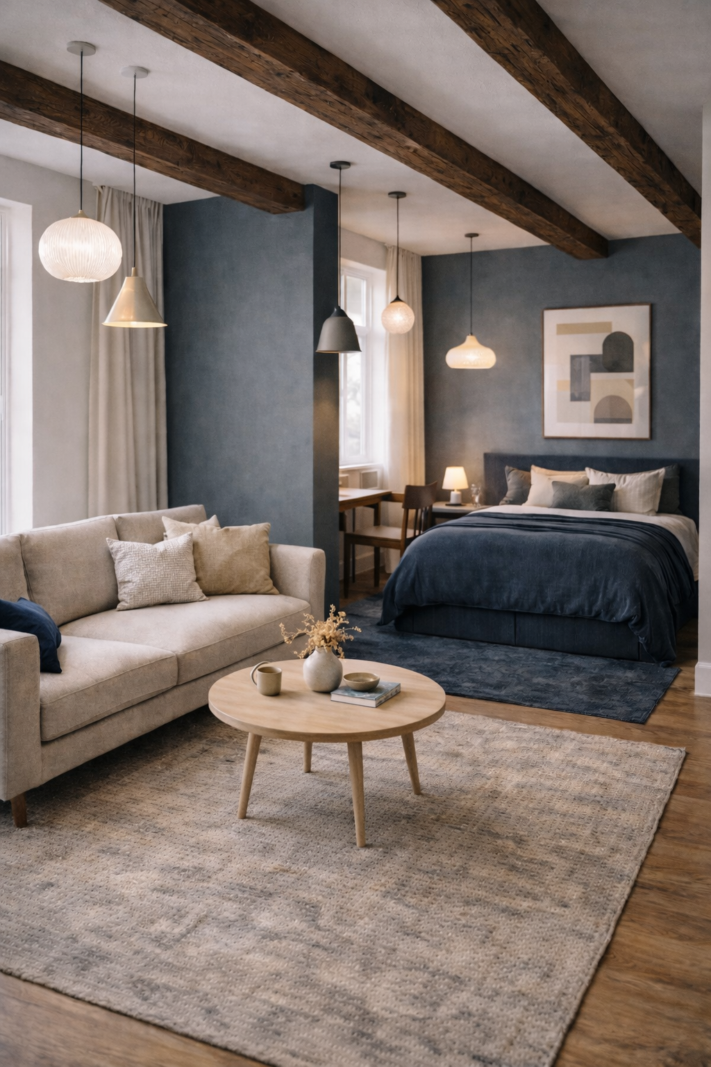 Studio apartment with layered rugs, faux ceiling beams, and varied pendant heights creating distinct zones