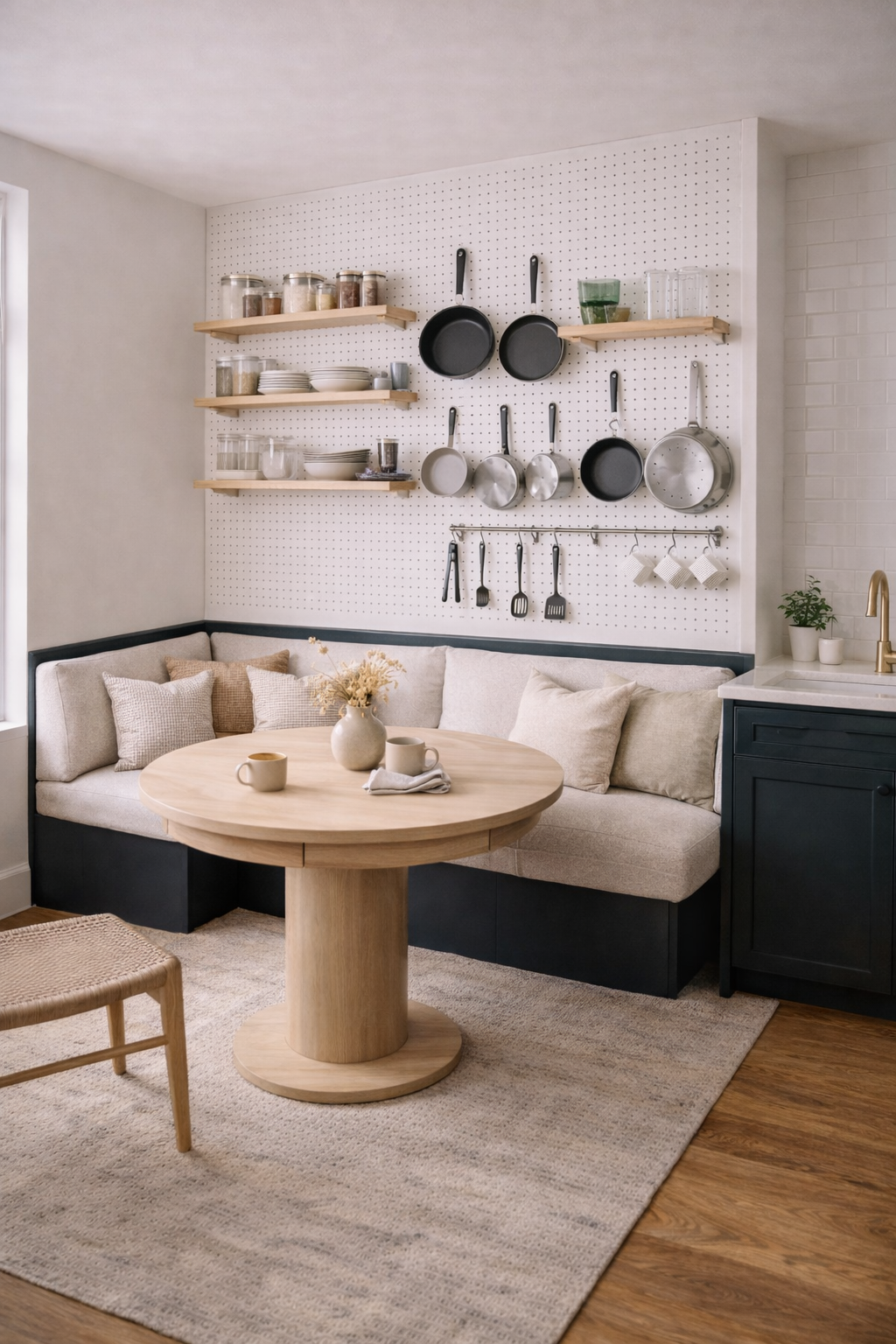Studio kitchen with corner banquette seating, round dining table, and organized pegboard wall in navy and oak
