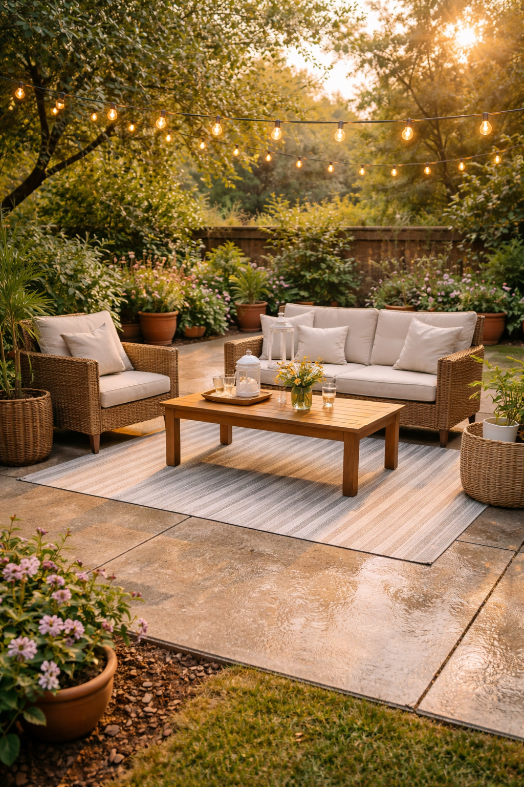 Styled outdoor patio with clean concrete, potted greenery, and comfortable furniture at golden hour