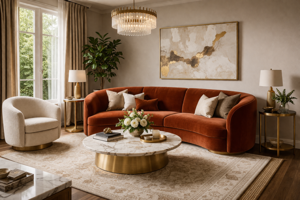 Stylish living room with bold curved velvet sofa as the focal point surrounded by warm neutral tones and brass accents