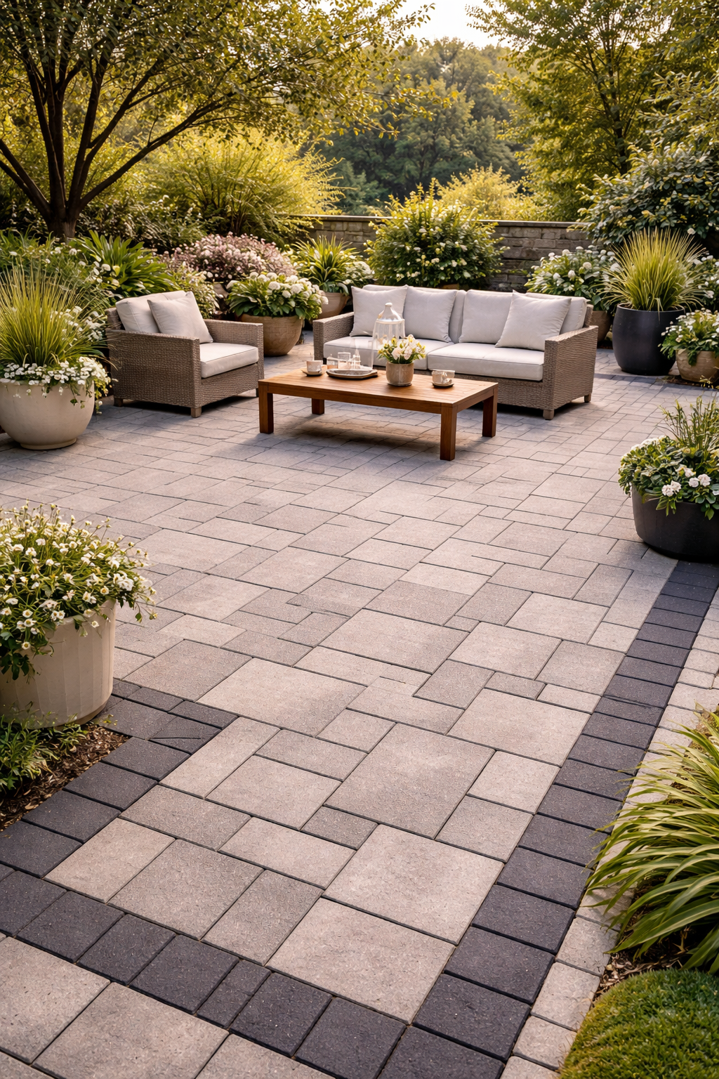 Stylish patio with wicker seating