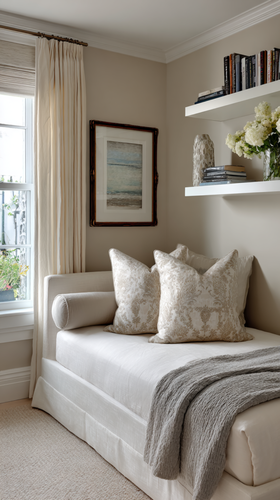 Stylish small bedroom with a linen-covered daybed pushed against the wall