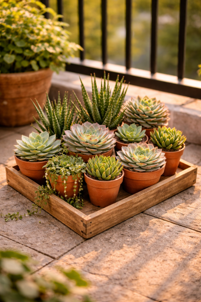 Low-maintenance succulent display in terracotta pots and shallow tray on a sunny small balcony, budget balcony garden idea