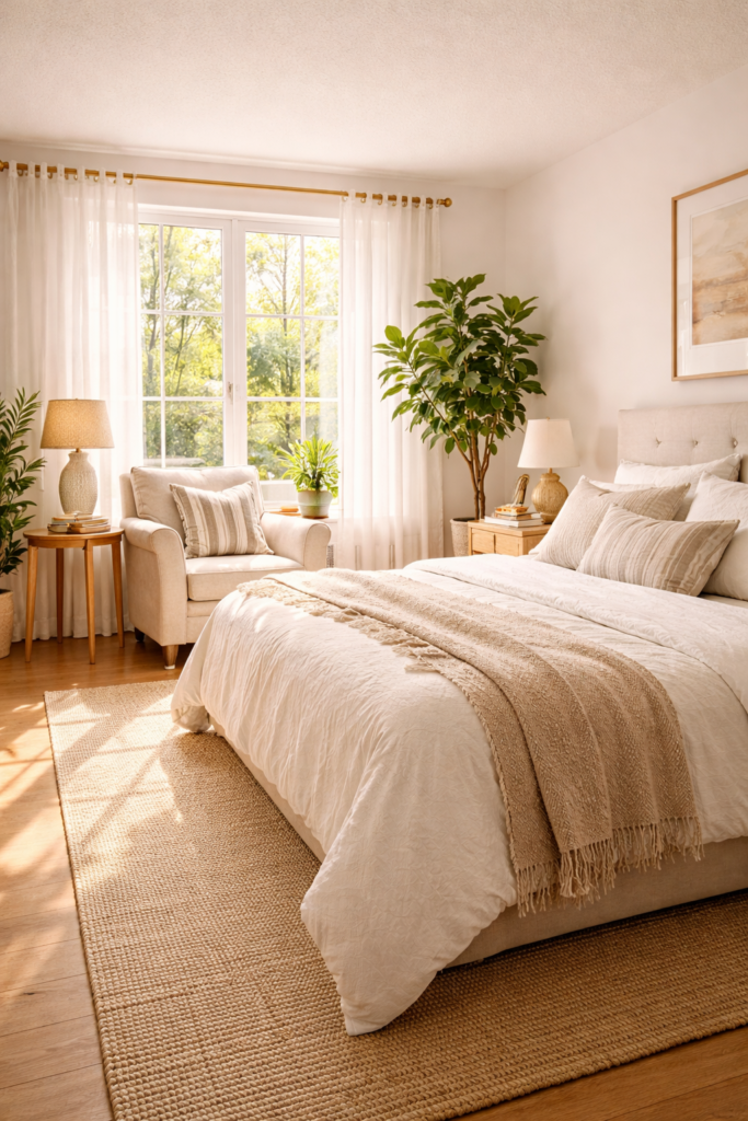 Sun-filled bedroom with the bed placed on the perpendicular wall away from the window.