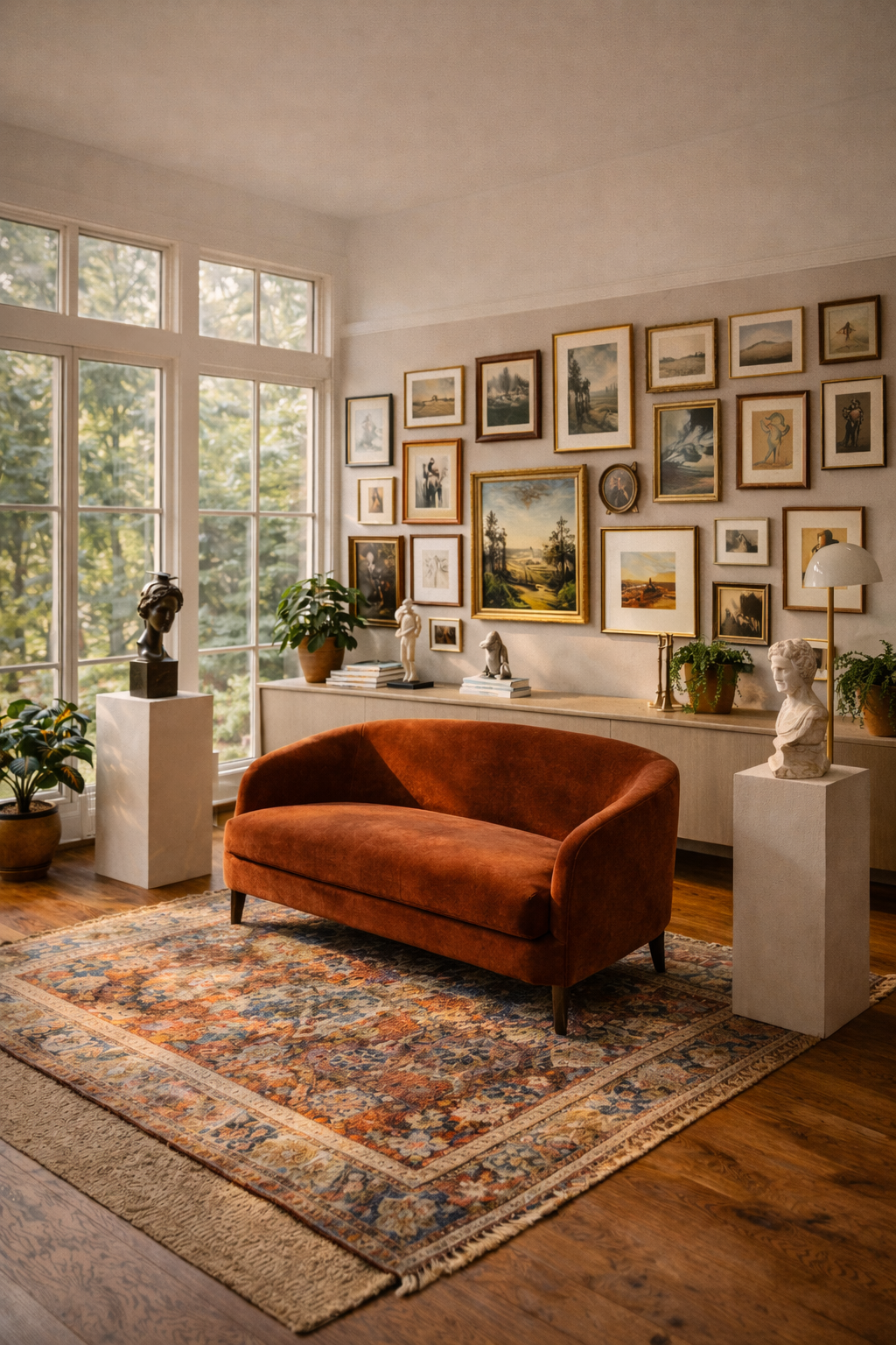 Sunlit conservatory with art and sculpture