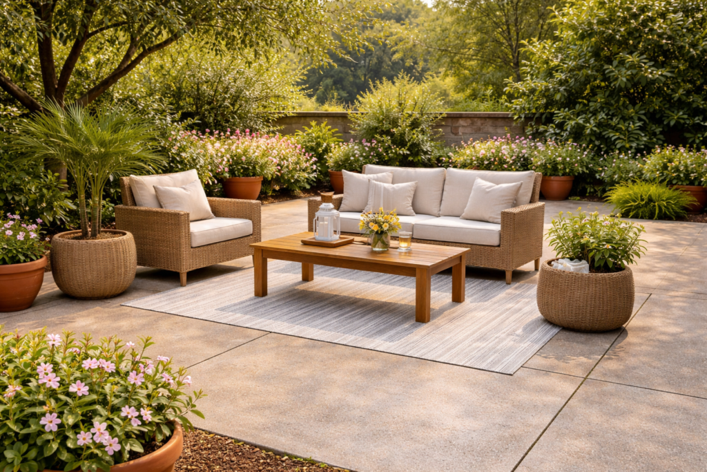 Sunny patio retreat with wicker seating