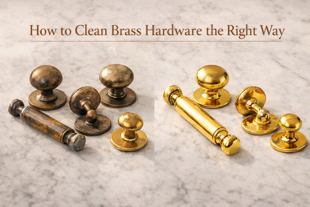 Tarnished vs polished brass cabinet pulls on marble surface