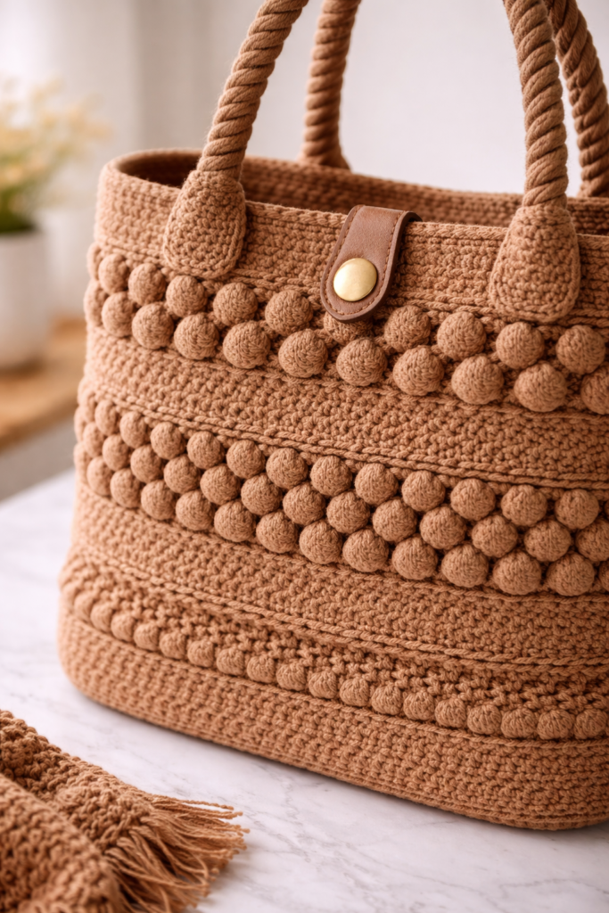 Textured crochet tote with leather tab