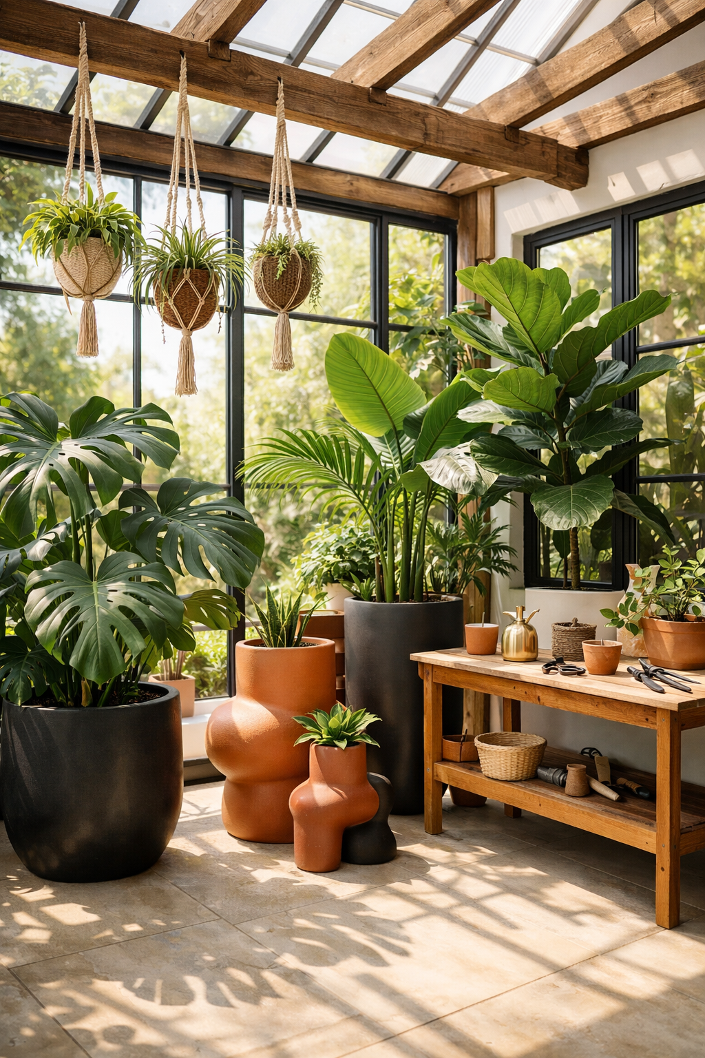 Tropical sunroom with lush greenery