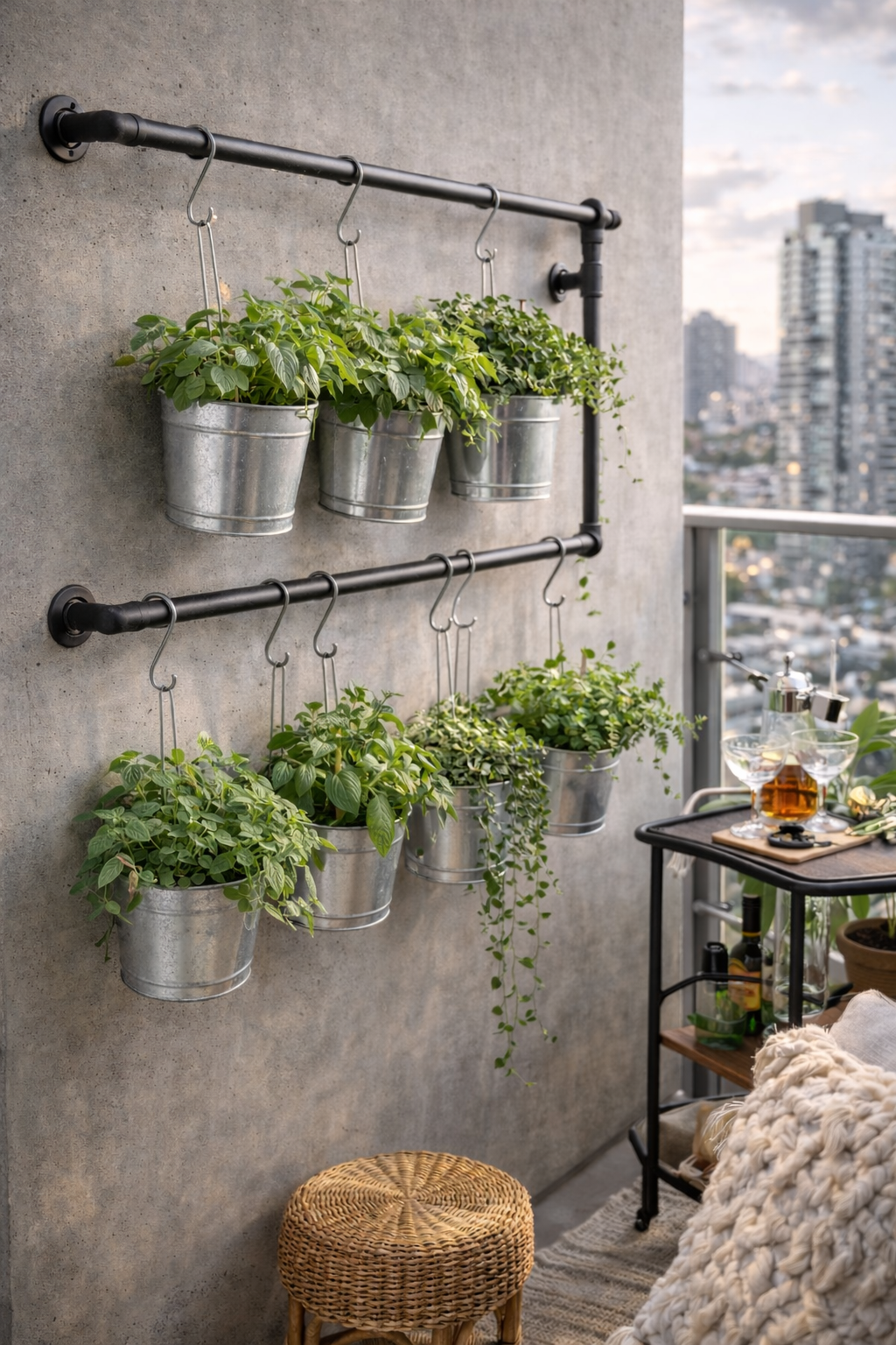 Urban balcony herb garden and bar cart