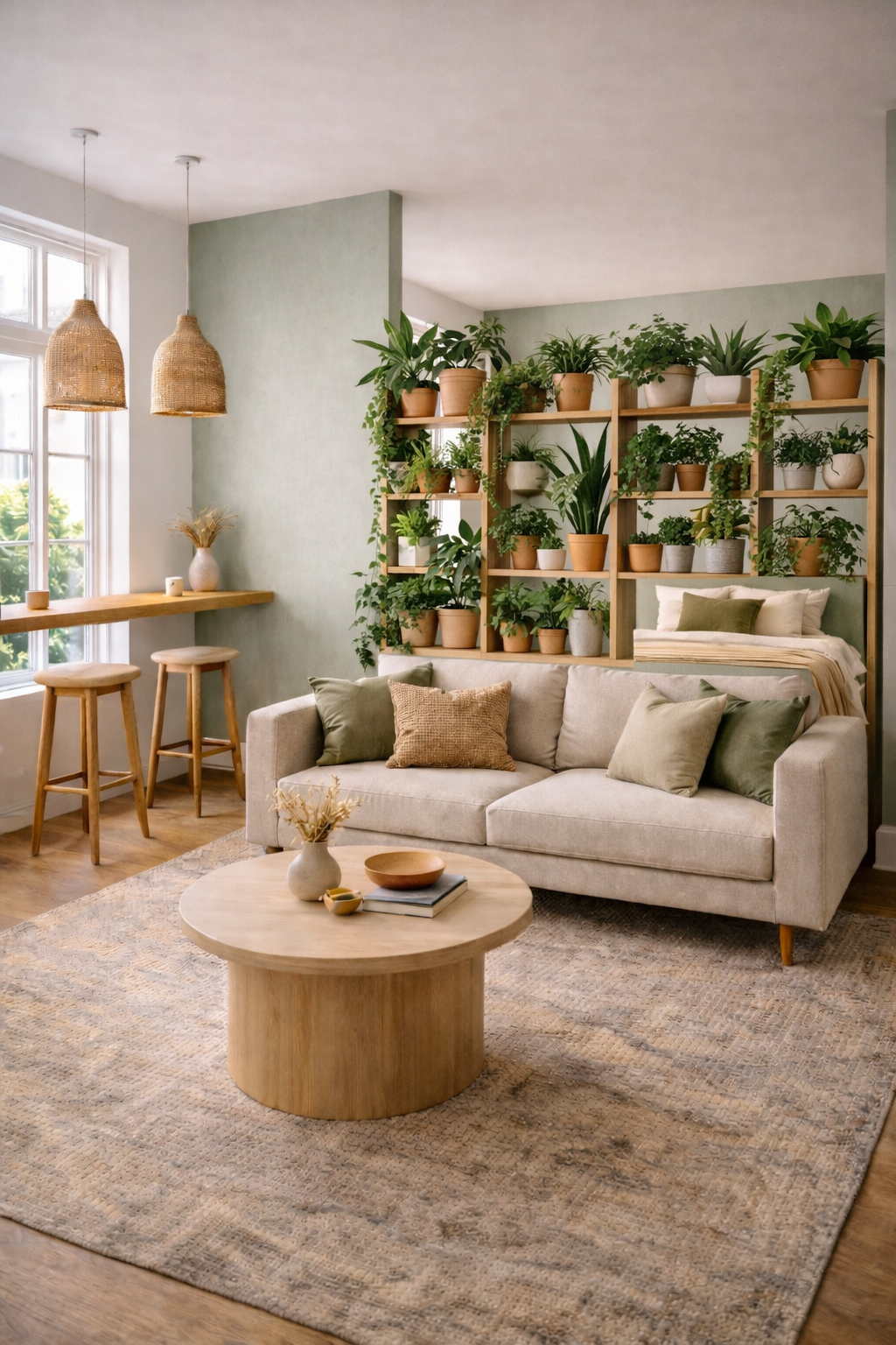 Urban greenhouse studio with modular plant wall, bar counter seating, and sage and olive organic decor