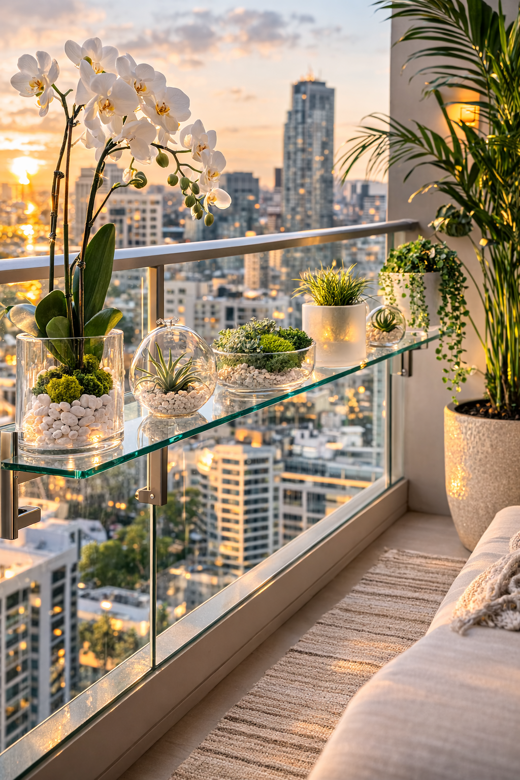 apartment balcony with a sleek glass rail shelf installed along the inside of the railing