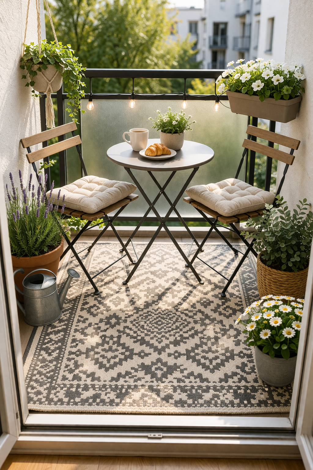 Very small balcony with a patterned outdoor rug covering the floor anchoring a bistro set with plants at the edges
